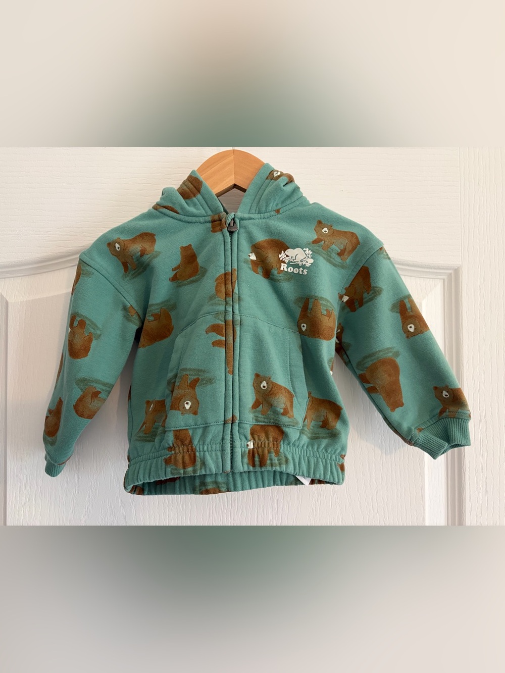 Roots Green Bear-Print Fleece Zip Hoodie